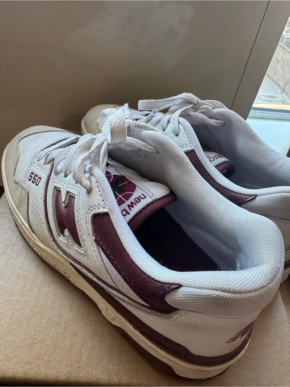 New Balance White and Burgundy Retro 550 Sneakers